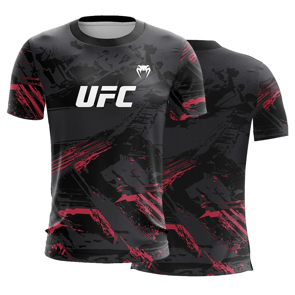 Men's UFC Fashion Short Sleeve Gym Running Round Neck T-Shirt MMA Training Exercise Gym Sport Tops Lightweight Player Jersey.