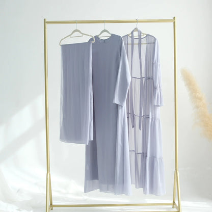 Chiffon Sheer Open Abaya Set Hijabi Muslim Women Party Ramadan Islamic Clothing  Dubai Turkey Kaftan Crepe Kimono Open Abayas