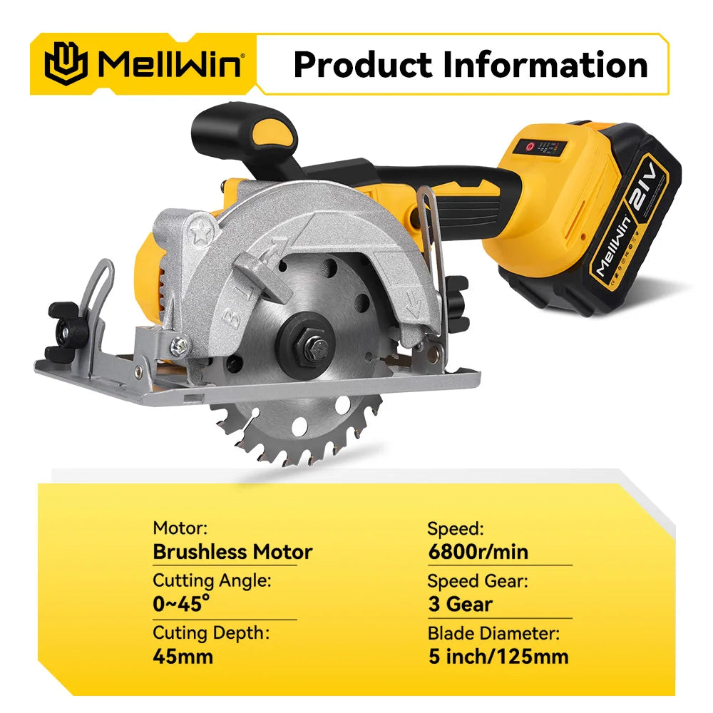 MELLWIN 5 Zoll 125 MM Bürstenlose Elektrische Kreissäge Handheld Multifunktionale Holz Metall Cutter Power Tool Für 21 V 18 V Batterie