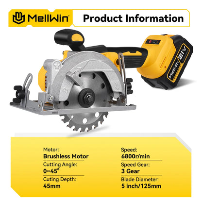 MELLWIN 5 Zoll 125 MM Bürstenlose Elektrische Kreissäge Handheld Multifunktionale Holz Metall Cutter Power Tool Für 21 V 18 V Batterie