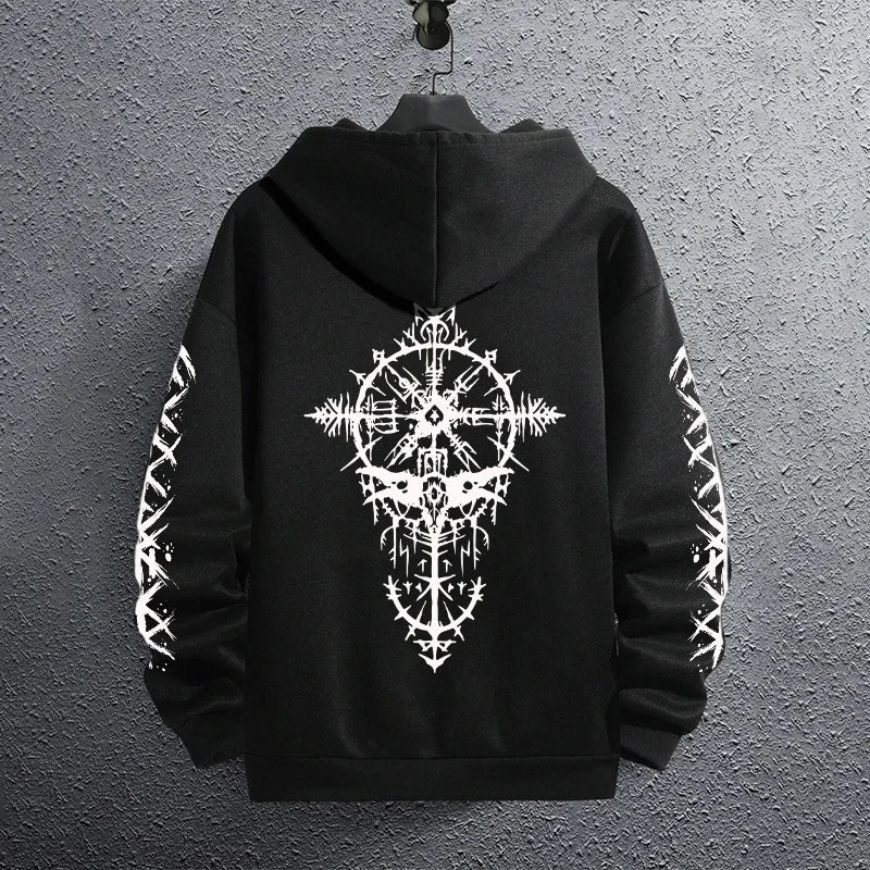 2025 Brand New Black Sweatshirts Autumn Winter Male Daily Casual Sporty Jogging Hoodie Men's Ancient Viking Raven Print Pullover.
