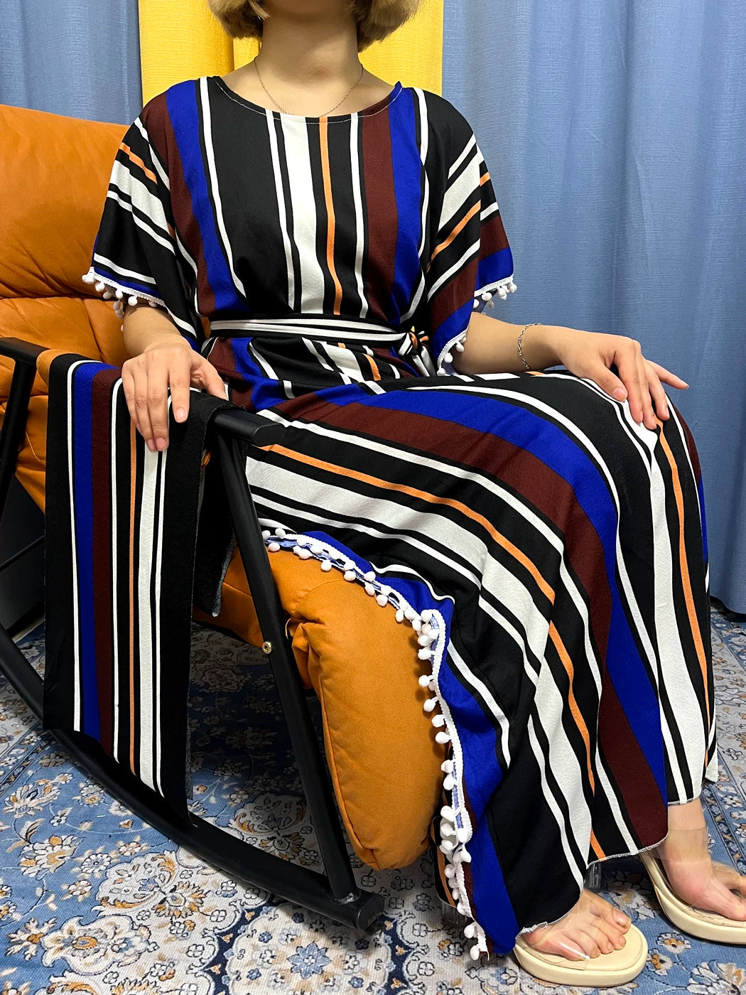 Abayas For Women 2024 Printed Vertical Stripe Tassels Elasticity Loose Fit Femme Robe African Woman Dresses With Belt Headscarf