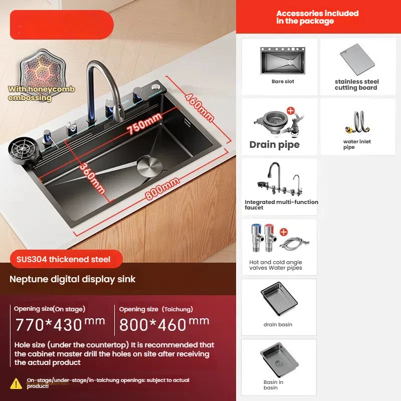 Household Intelligent Stainless Steel Kitchen Sink Digital Display Waterfall Wash Dish Basin Honeycomb Emboss Large Single Slot