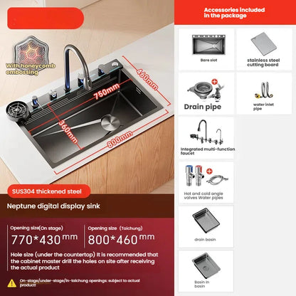 Household Intelligent Stainless Steel Kitchen Sink Digital Display Waterfall Wash Dish Basin Honeycomb Emboss Large Single Slot