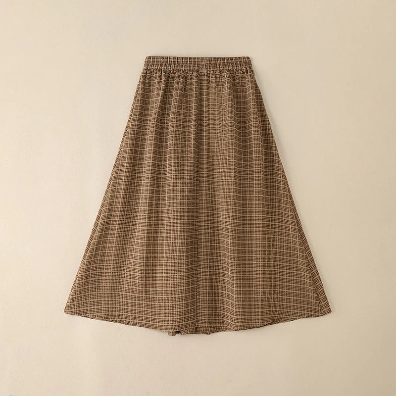 ZANZEA Women's Vintage Gingham Midi Skirts Casual Elastic Waist Gathered A-Line Skirt 2025 Autumn Woman Clothing Bottoms S-3XL.