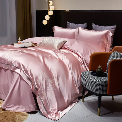 Luxury Satin Jacquard  Cotton Bedding Set Gold Leaves Egyptian Cotton Smooth Duvet Cover Set Flat/Fitted Sheet Pillowcases.