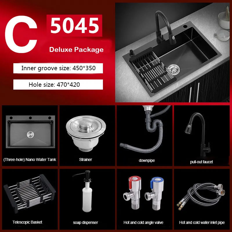 kitchen sink Black nano-sink single-slot household hand-washing basin kitchen large 304 stainless steel sink sink bowl