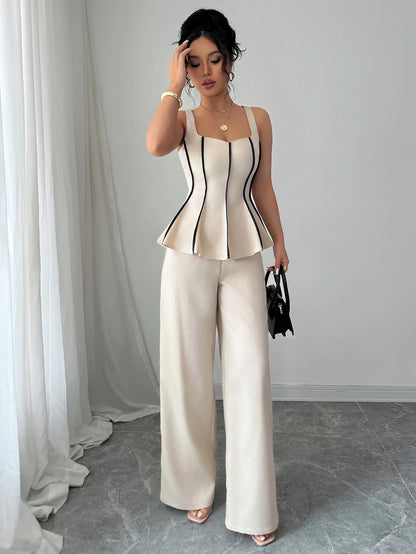 Two Piece Sets Women Pant Set Sleeveless Matching Sets Ruffles Tops Y2k Streetwear Elegant Work Wide Leg Long Pants High Waist.