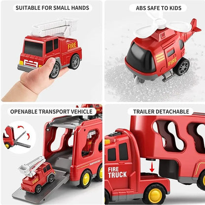 5pcs Kids Toy Construction Vehicles Transport Truck Carrier Toy Truck For Toddler Boys Girls Fire Truck Gift For Boys And Girls.