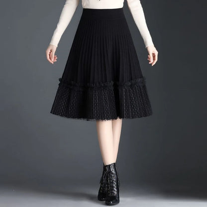 Korean Fashion Autumn Winter Women Solid Elastic High Waist Lace Patchwork Simplicity Mid-length A-line Pleated Knitted Skirt.