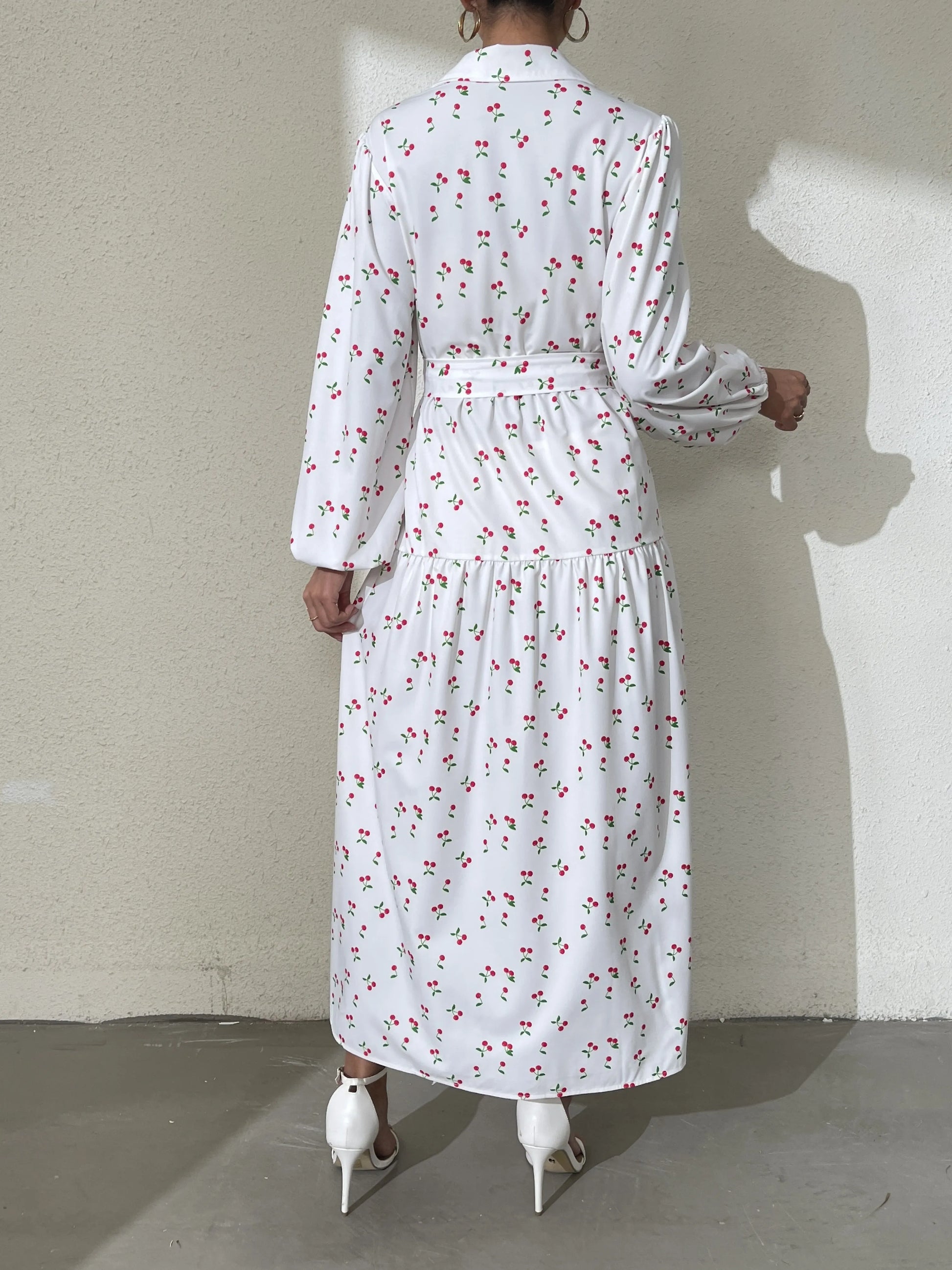 Ramadan Abaya Floral Print Button Front Dress, Casual Lantern Sleeve Dress For Spring & Fall, Women's Clothing Kebaya Kaftan.