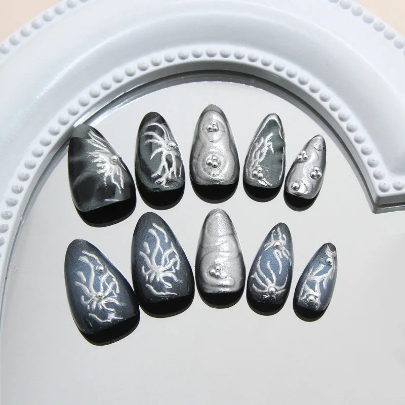 24Pcs Dark Press on Fake Nails with Black Glitter 3D Metallic Designs Sweet Cool Almond False Nails Detachable Nails Spice Girls.