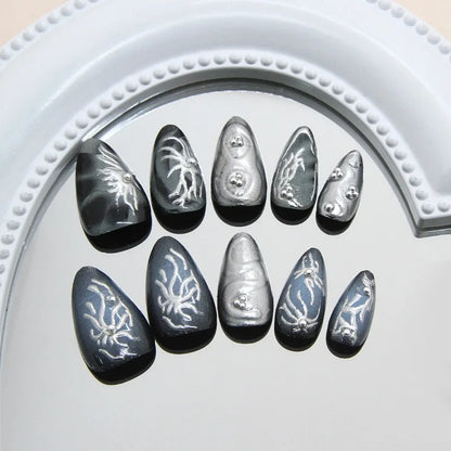 24Pcs Dark Press on Fake Nails with Black Glitter 3D Metallic Designs Sweet Cool Almond False Nails Detachable Nails Spice Girls.