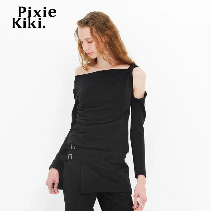 PixieKiki Twisted Hollow Out Off Shoulder Long Sleeve Tops 2000s Clothes Y2k Asymmetrical T Shirts for Woman P85-BE15.