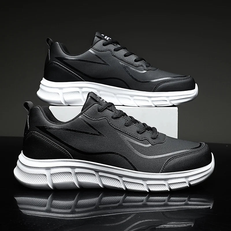 YRZL Black Running Shoes Leather Waterproof Athletic Sneakers Men Wear-resistant Men Walking Sport Shoes Comfortable Men Shoes.