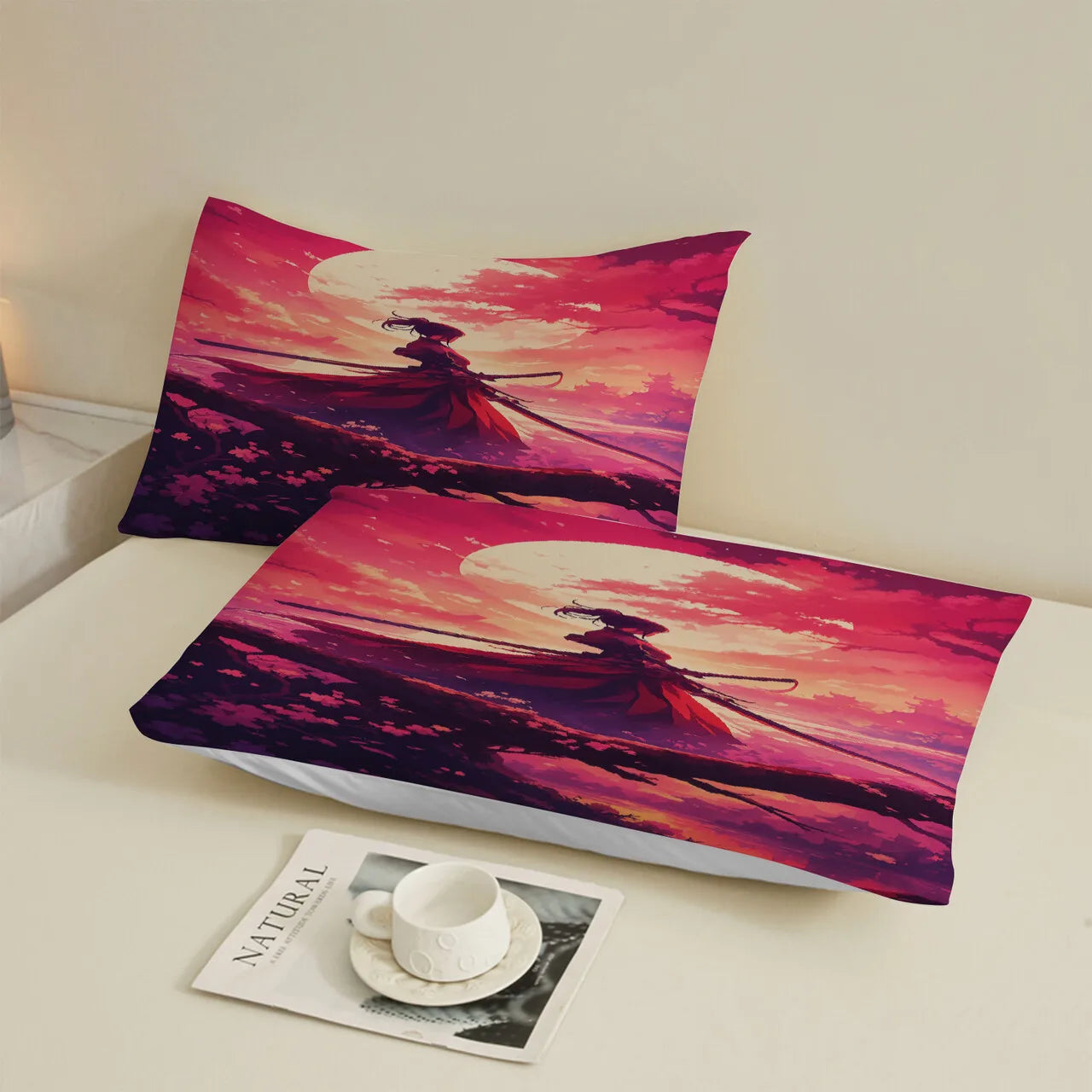 1pc 3D Fitted Sheets Set Sunset Samurai Cherry Blossom Tree Pattern  Bedding Set Printed Customized For Man And Kids Decorate.