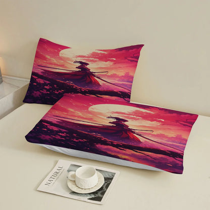 1pc 3D Fitted Sheets Set Sunset Samurai Cherry Blossom Tree Pattern  Bedding Set Printed Customized For Man And Kids Decorate.