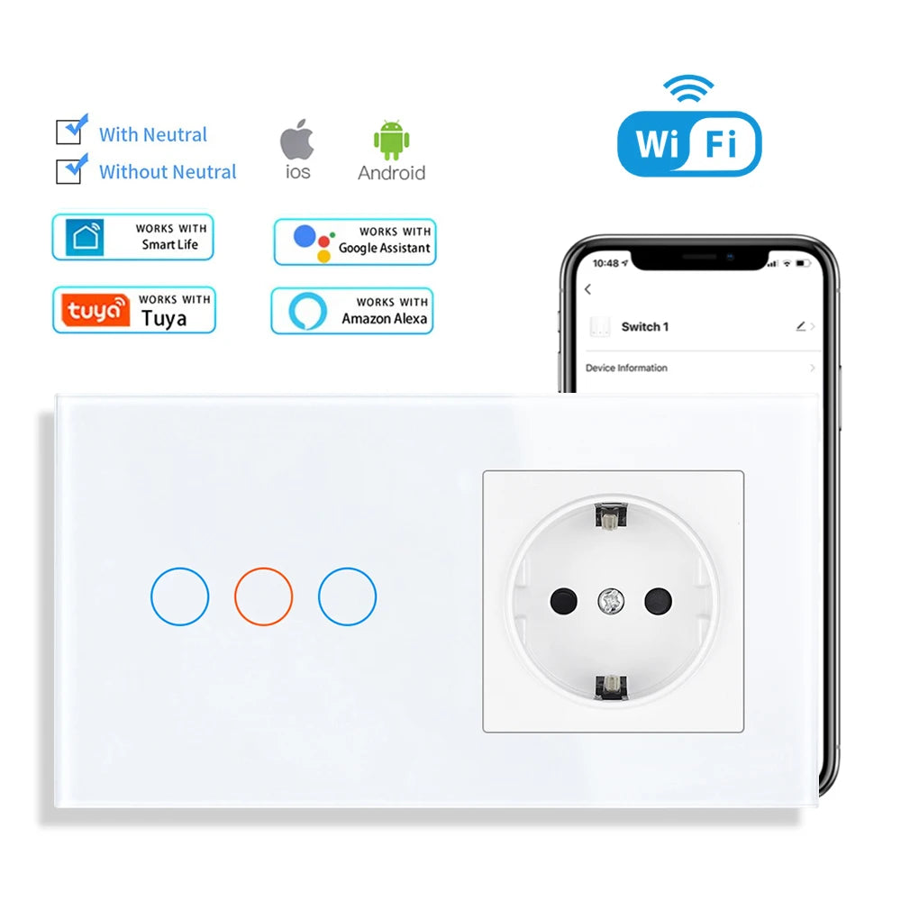 SRAN Smart Switch mit Wandsteckdose 16A EU, Tuya Smart Life Home Touch Sensor WiFi Lichtschalter Weiß