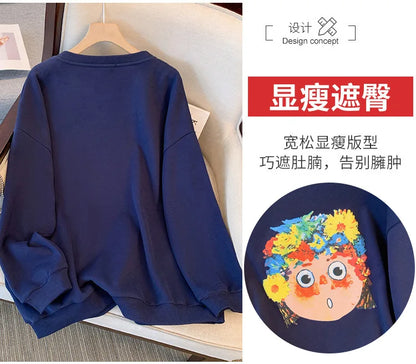 150kg plus size Damen büste Herbst Winter lose Rundhals ausschnitt Fleece warmes Sweatshirt bedrucktes Oberteil blau 5xl 6xl 7xl 8xl 9xl