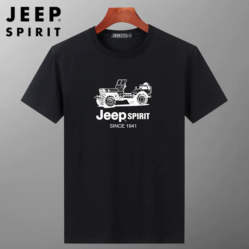 JEEP SPIRIT Mens T-shirt Summer 100%Cotton 230g Heavy Print Sports Breathable Round Neck Top Loose Solid Short Sleeve.