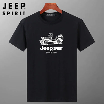 JEEP SPIRIT Mens T-shirt Summer 100%Cotton 230g Heavy Print Sports Breathable Round Neck Top Loose Solid Short Sleeve.