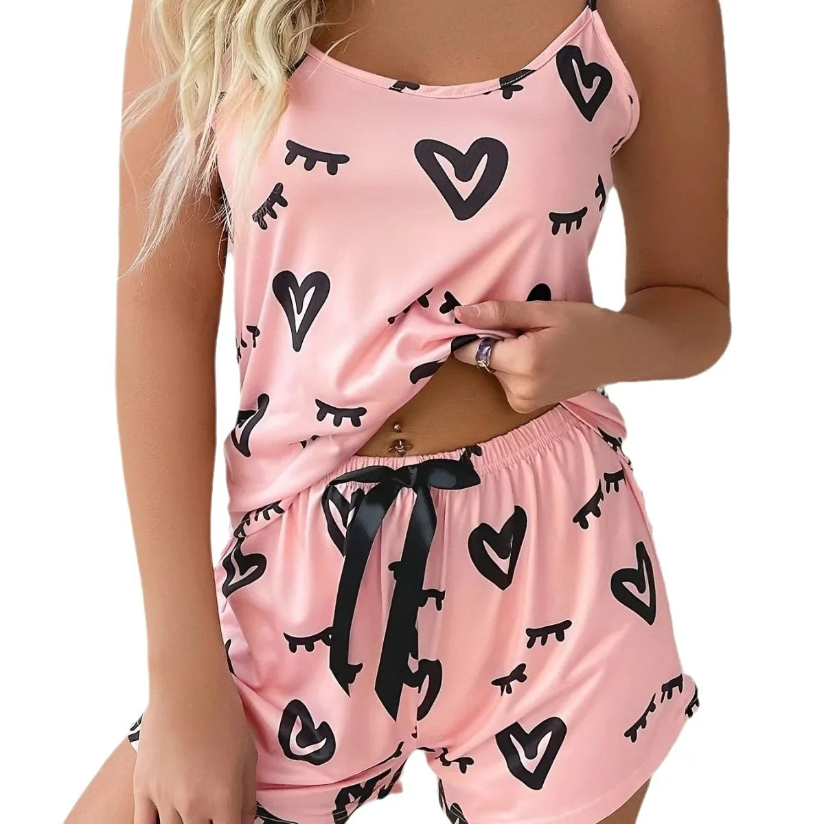 Seidiges Satin-Pyjama-Set für Damen, süßer Herzdruck, sexy Spaghettiträger-Tanktops und Shorts, Heimtextilien, weibliche Nachtwäsche.