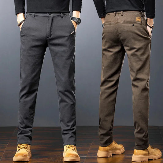 Men's Twill Slim Pants Business Straight Cotton Casual Trousers Brand Fashion Korean Elastic Coffee Black Gray Pant.