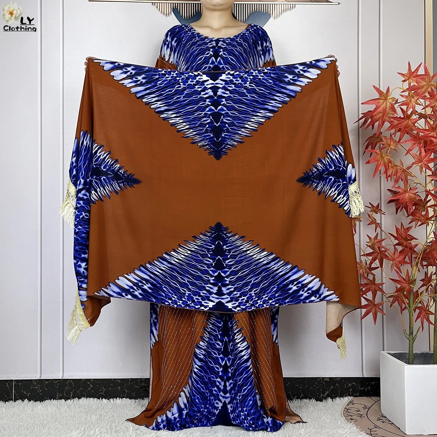 2024 New Muslim Women Dashiki Printed Dress Flower Diamonds Loose Dress With Big Scarf Islamic African Women Short Sleeve Abaya.