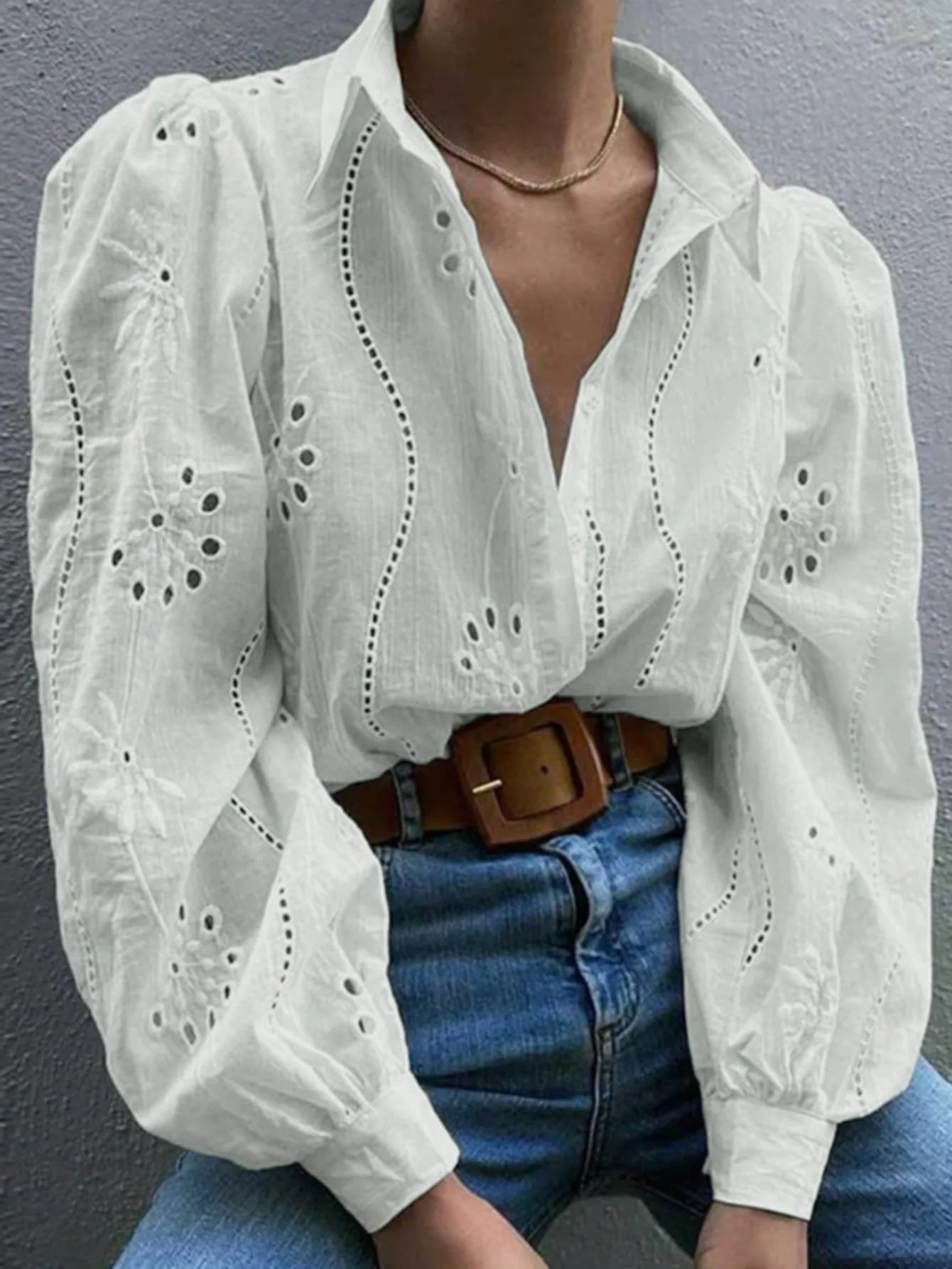 2025 Autumn New Solid Shirt Casual Loose Fashion Hollow Puff Sleeve Cardigan Tops For Women Office Black Hollow out Blouses