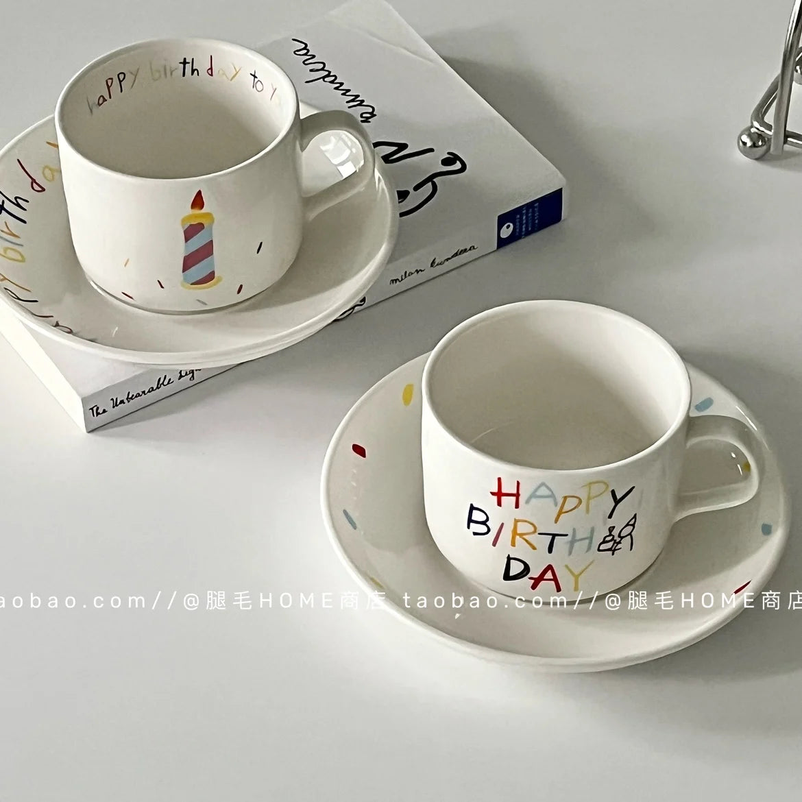 Korean Plate Designer Cute Happy Birthday Tableware Ceramic Coffee Cup Plate Dessert Cake Plate Cup Creative Birthday Gift.