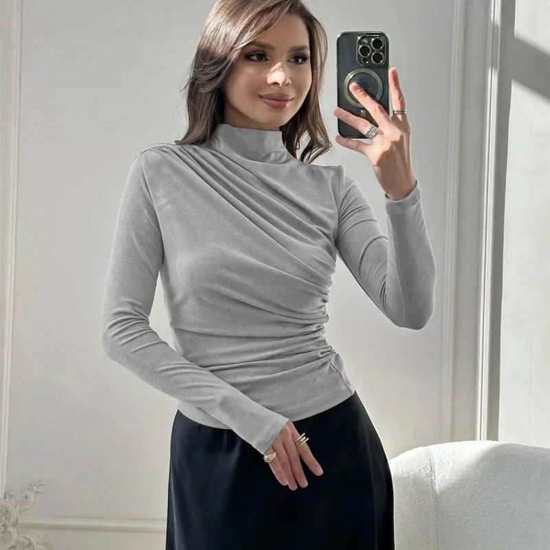 Sexy Long Sleeve T-Shirt Women's Stand Collar Slimming Base Layer Top Wholesale European and American Foreign Trade Women's Clot.