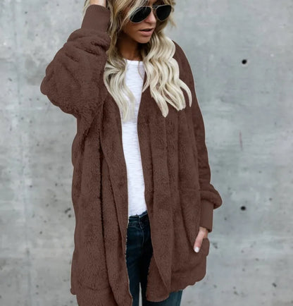 Herbst Winter Doppel Fleece Strickjacke Jacke Frauen Einfarbig Langarm Plüsch Warme Mit Kapuze Dame Jacke Übergroßen Oberbekleidung Mantel