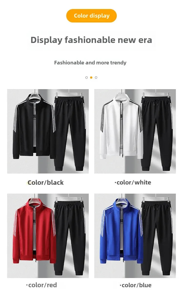 New Casual Men's Sport Suit Striped Ankle-Length Cotton Stand Collar Jacket With Three Buttonts Slim Fit Pants 2-Piece Set.