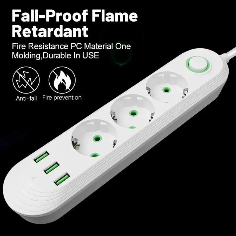 EU-Stecker, 2500 W, Steckdosenleiste mit 3 USB-Anschlüssen, Verlängerungskabel, Steckdose, Verlängerungskabel, runder Stift, AC-Steckdose, elektrischer Ladeadapter.