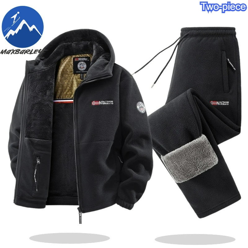 Maxbarley Winter Sportswear Set Mens Retro Training Thick Fleece Jacket + Pants Two Piece Set Casual Ski Running Tracksuit Suit.