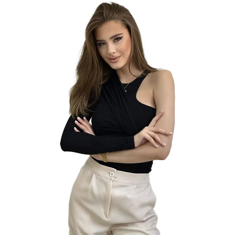 Autumn 2025 Long Sleeve Pullover New Fashion Sexy Spice Girls Crew Neck Single Rotator Sleeve Pleated Slim Bodysuit Women.