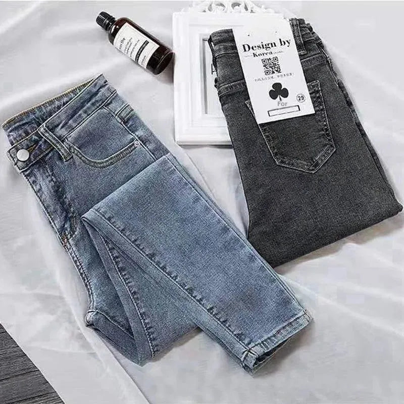 Women's High Waist Elastic Stretchy Jeans Hot Sale Of The Season Autumn New Style Versatile Slimming Pencil Thin Nine Point Pant.