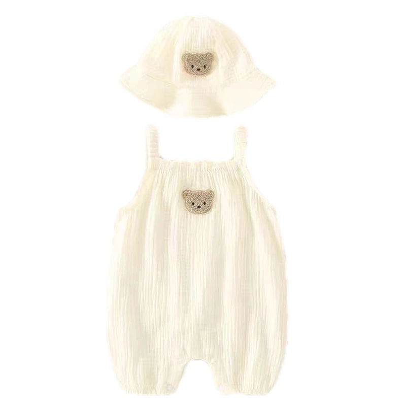 Neugeborene Baby Sommer dünne Bodysuit Mädchen ärmellose Hosenträger Stram pler Anzug Jungen niedlichen Stickerei Cartoon Pyjama Hut 2 Stück Set.