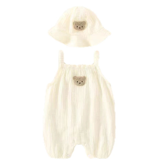 Neugeborene Baby Sommer dünne Bodysuit Mädchen ärmellose Hosenträger Stram pler Anzug Jungen niedlichen Stickerei Cartoon Pyjama Hut 2 Stück Set.