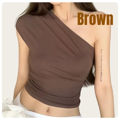 Korean Style Women's Black and Brown Asymmetrical Pleated Sleeveless Slim-Fit One-Shoulder Crop Top.