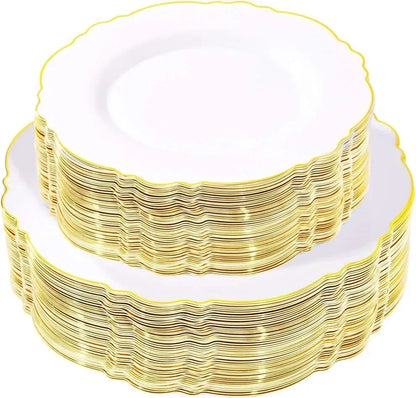 50/20pcs Gold Plastic Party Plates Dinner Plates Salad/Dessert and Combo Heavy Plastic Duty Plates for Wedding Parties.