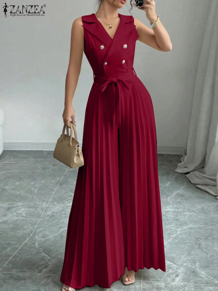 Fashion Women Jumpsuits 2025 ZANZEA Summer Rompers Elegant Wide Leg Work OL Overalls V Neck Sleeveless Pleated Playsuit Trousers.