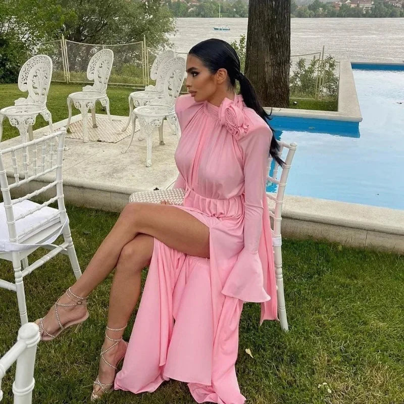 Elegante Y2K Mode Lange Flare Hülse V-ausschnitt Floral Schlitz Party Abendkleid Robe Vintage Frauen Falten Langes Kleid.