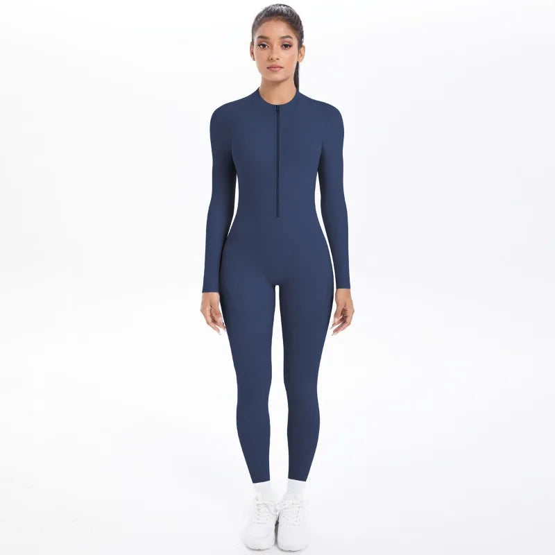 Women's Long Yoga Bodysuit with Half-Zip Sexy Back & Butt Lift for Fitness Running Outdoor Sportswear.
