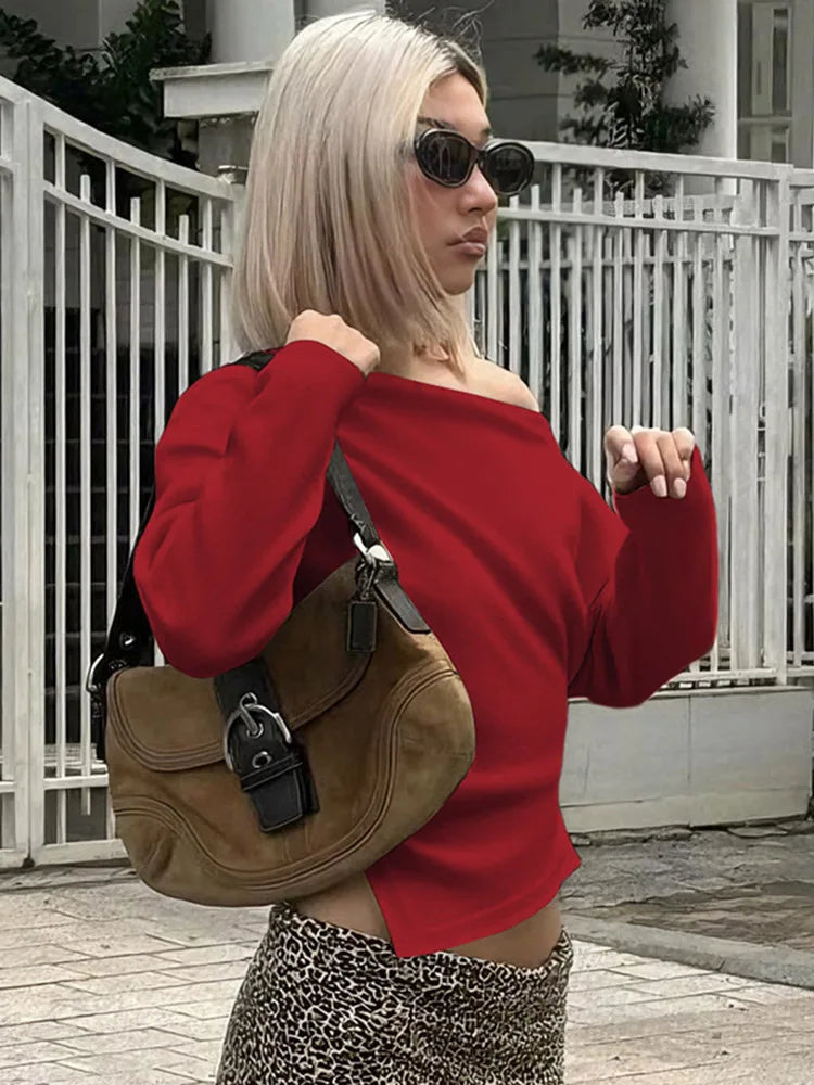 Women Casual Top Fashion Slim Slit Long Sleeve Pullover Top Sexy Strapless Pleated New Party Looks Top Female Streetwear.