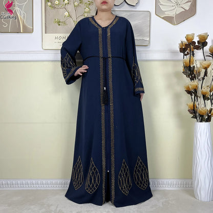 New Dubai Women Elegant Dress Diamonds Chiffon Open Abaya with Zipper Islamic Turkey Clothing Women Muslim Party Evening Dress.