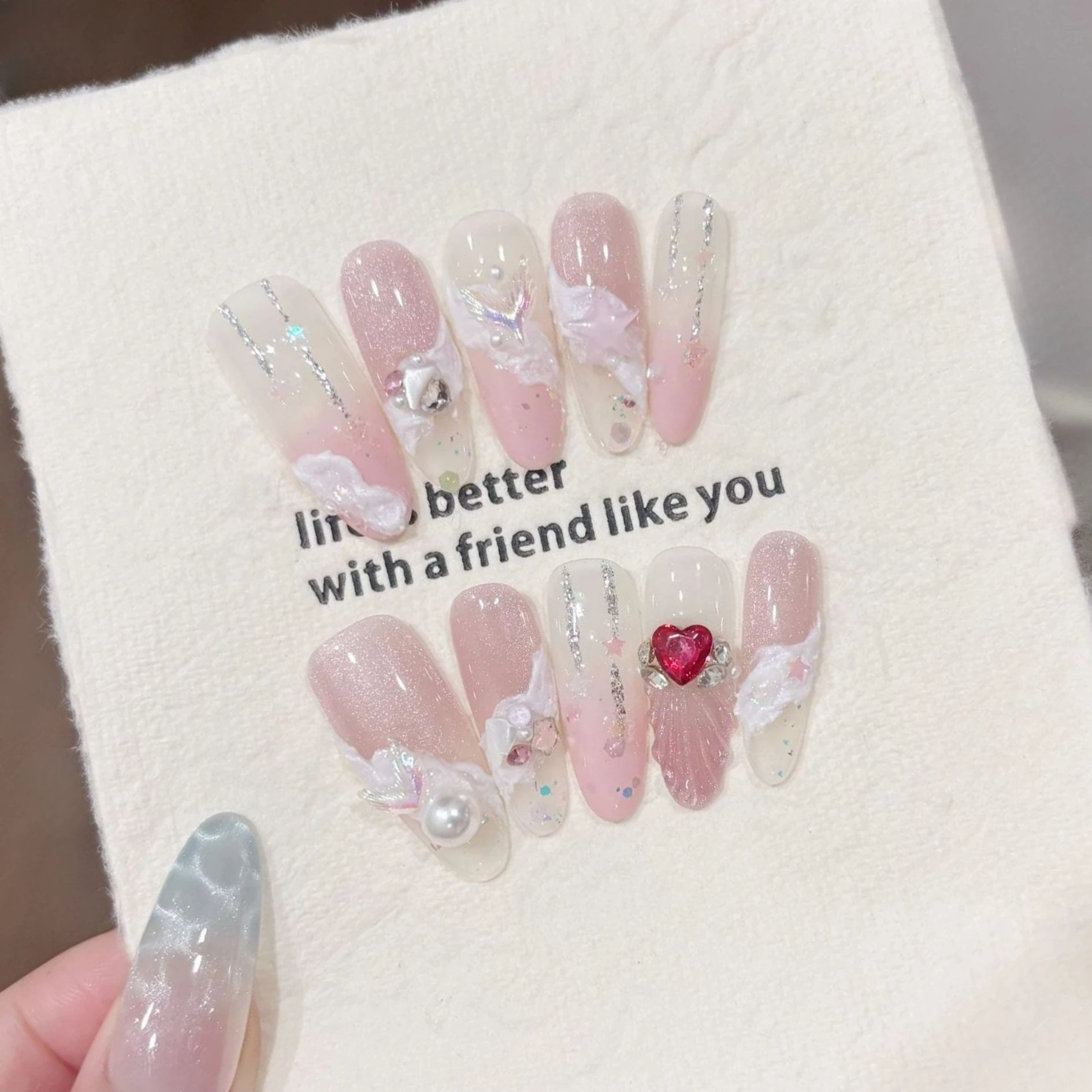 10pcs Pink Cat Eye False Nails 3D Butterfly Fake Nails Diamond Pearl Press on Nails Gradient French Glue on Nail Almond Nail Art.