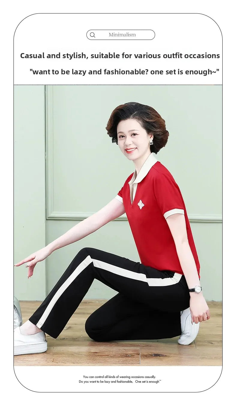 Casual Breathable Short Sleeve Sportswear Set for Middle-Aged Mothers Fashionable Summer Clothing Grandmother Style.