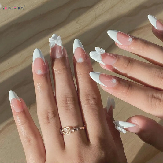 White French Style Fake Nails Gentle Pink Press on Nails 3D Bowknot Design Almond Charm Manicure Korean Fashion False Nail 24Pcs.