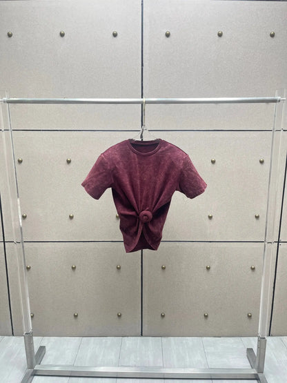 Y2K knotted twist knitted threaded round neck Top women fashionable and versatile navel padded shoulder short-sleeved T-shirt.